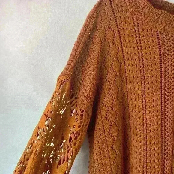 Women's Burnt Orange Crochet Pointelle Knit Sweater Size Large Fall Boho‎ Autumn - Picture 5 of 10